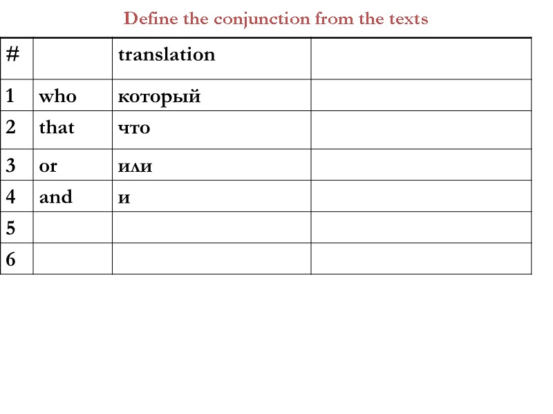 Define the conjunction from the texts